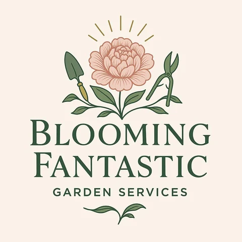 Blooming Fantastic Garden Services logo: a pink peony with a trowel and secateurs